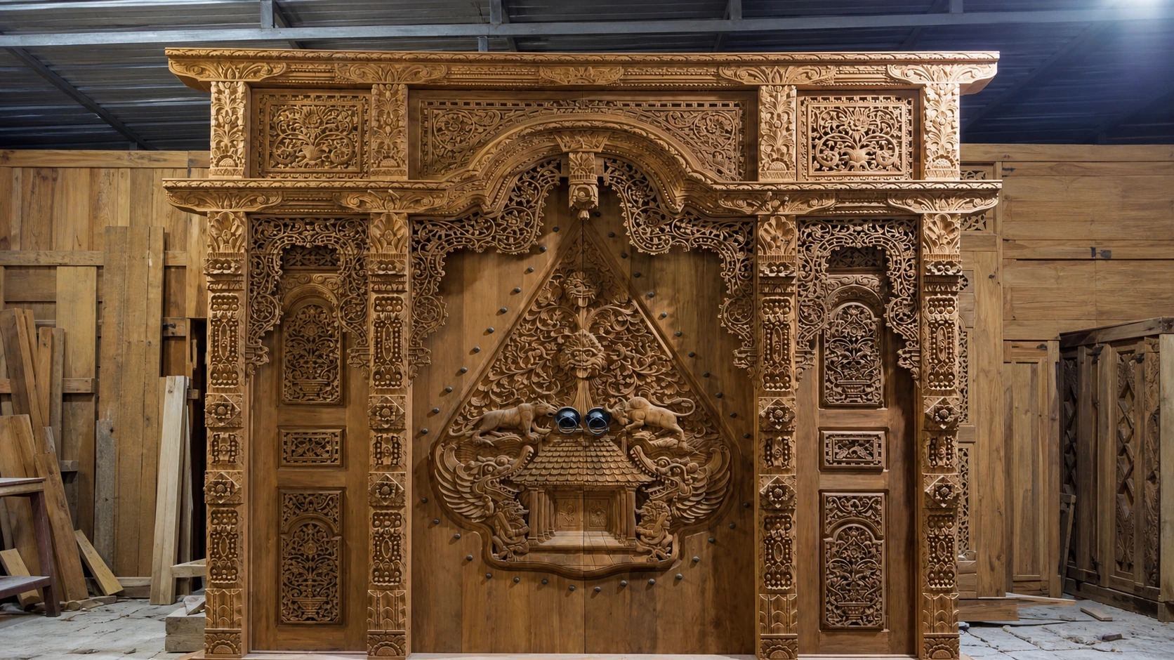 Bespoke carved teak portal with different animal figures on its left and right sides