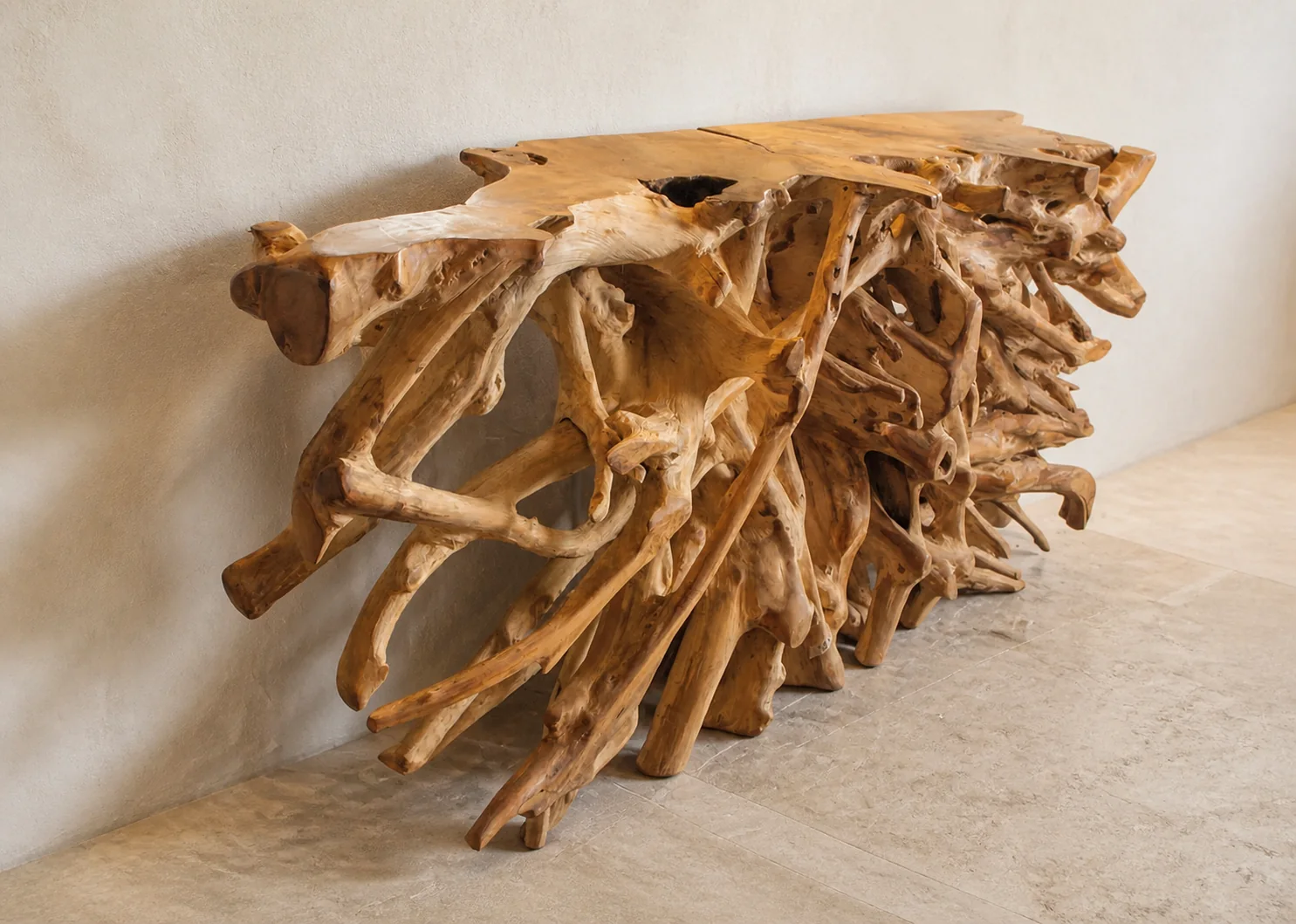 One of one sculptural root console table